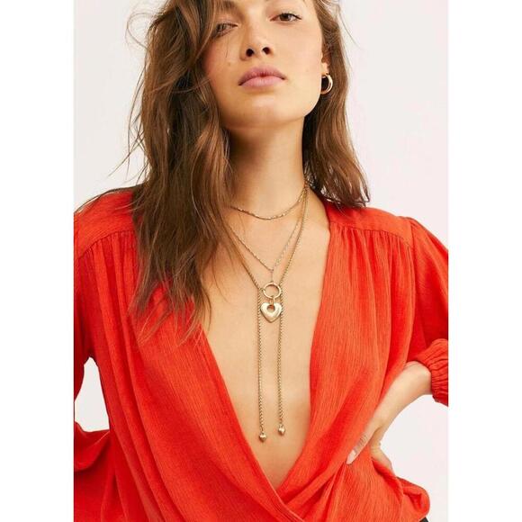 Free People Check On It Faux-Wrap Gauzy Blouse Red/Orange Women’s size XS - Picture 15 of 15